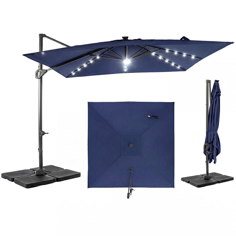 Costway - 10 FT Cantilever Patio Umbrella with 32 Solar LED Lights and 220 LBS Base-Dark Blue