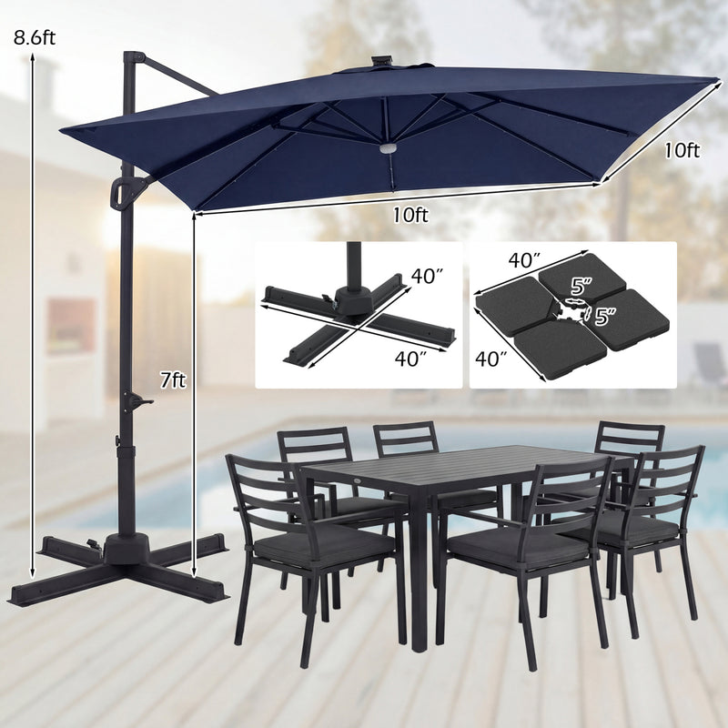 Costway - 10 FT Cantilever Patio Umbrella with 32 Solar LED Lights and 220 LBS Base-Dark Blue