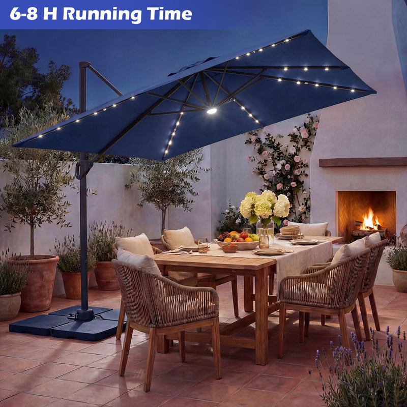 Costway - 10 FT Cantilever Patio Umbrella with 32 Solar LED Lights and 220 LBS Base-Dark Blue