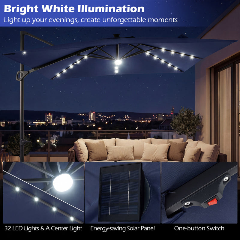 Costway - 10 FT Cantilever Patio Umbrella with 32 Solar LED Lights and 220 LBS Base-Dark Blue