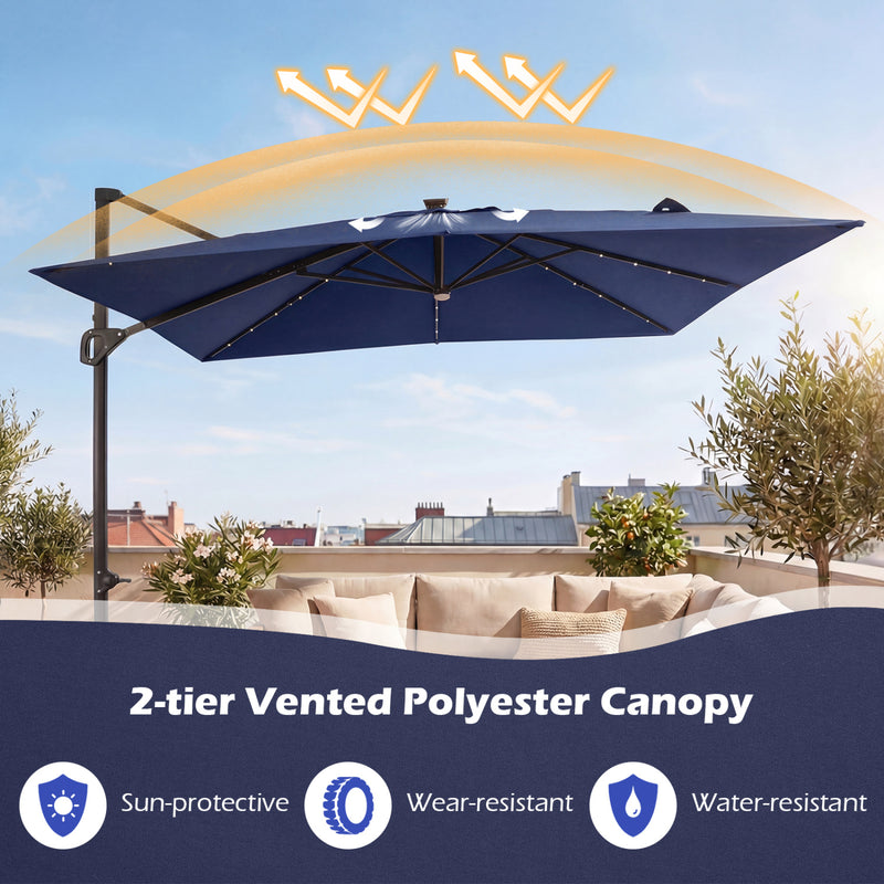 Costway - 10 FT Cantilever Patio Umbrella with 32 Solar LED Lights and 220 LBS Base-Dark Blue