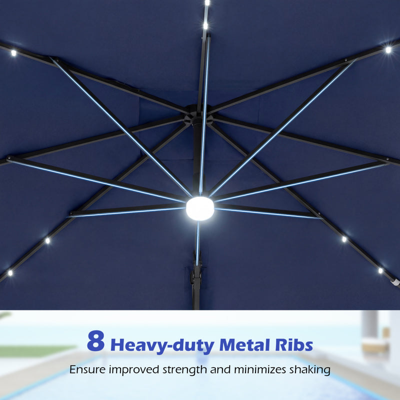 Costway - 10 FT Cantilever Patio Umbrella with 32 Solar LED Lights and 220 LBS Base-Dark Blue