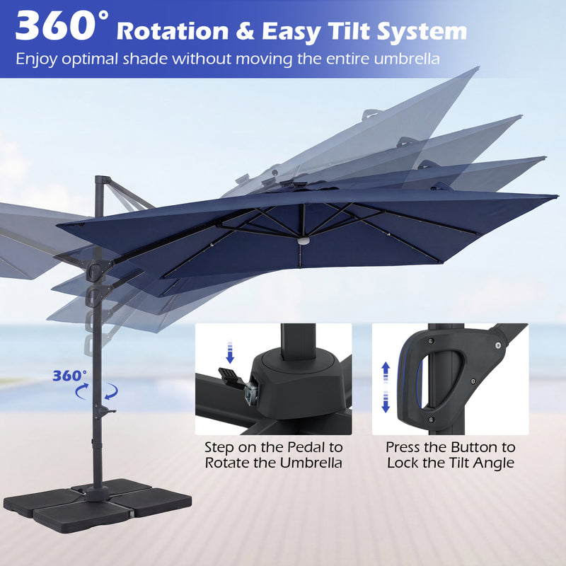 Costway - 10 FT Cantilever Patio Umbrella with 32 Solar LED Lights and 220 LBS Base-Dark Blue