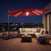 Costway - 10 FT Cantilever Patio Umbrella with 32 Solar LED Lights and 220 LBS Base-Red