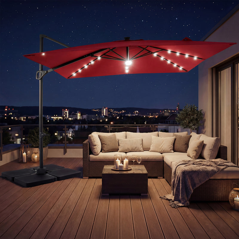 Costway - 10 FT Cantilever Patio Umbrella with 32 Solar LED Lights and 220 LBS Base-Red