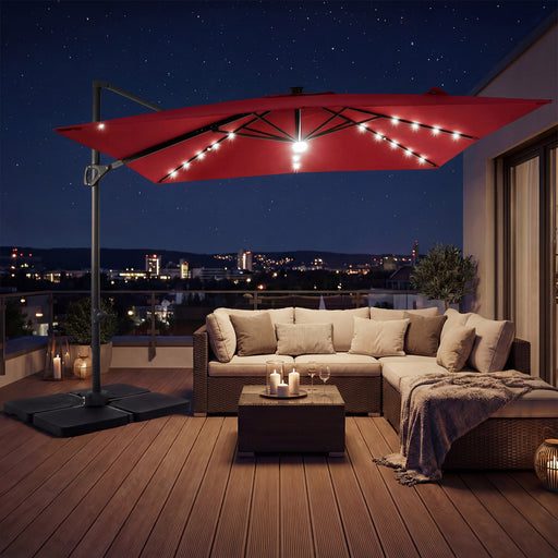 Costway - 10 FT Cantilever Patio Umbrella with 32 Solar LED Lights and 220 LBS Base-Red