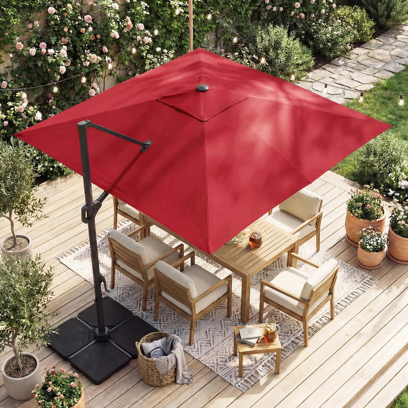 Costway - 10 FT Cantilever Patio Umbrella with 32 Solar LED Lights and 220 LBS Base-Red