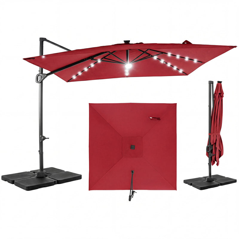 Costway - 10 FT Cantilever Patio Umbrella with 32 Solar LED Lights and 220 LBS Base-Red