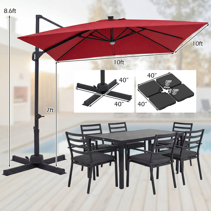 Costway - 10 FT Cantilever Patio Umbrella with 32 Solar LED Lights and 220 LBS Base-Red
