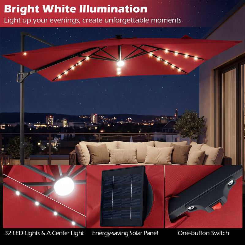 Costway - 10 FT Cantilever Patio Umbrella with 32 Solar LED Lights and 220 LBS Base-Red