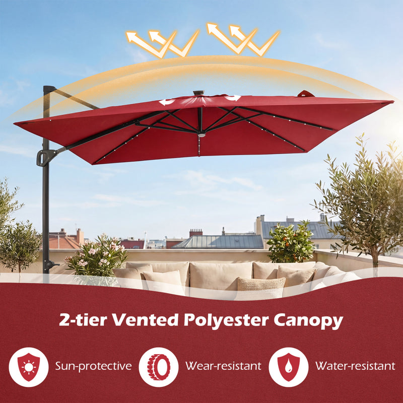Costway - 10 FT Cantilever Patio Umbrella with 32 Solar LED Lights and 220 LBS Base-Red