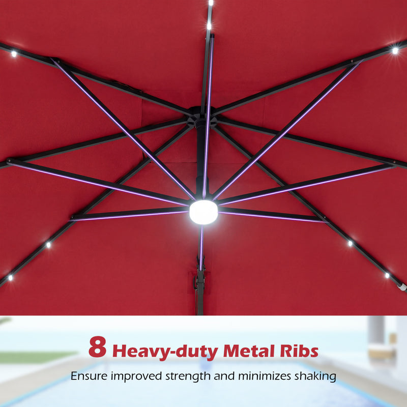 Costway - 10 FT Cantilever Patio Umbrella with 32 Solar LED Lights and 220 LBS Base-Red