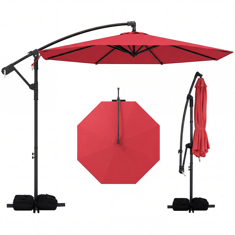 Costway - 10 Feet Offset Hanging Umbrella with Base Patio Cantilever Umbrella with Tilt-Red