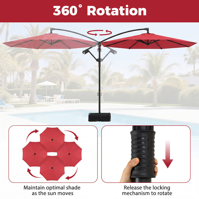 Costway - 10 Feet Offset Hanging Umbrella with Base Patio Cantilever Umbrella with Tilt-Red