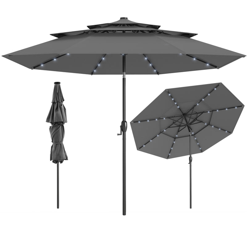 Costway - 10 Feet Solar Patio Umbrella with 32 LED Lights 3-Tier Vented Top-Gray