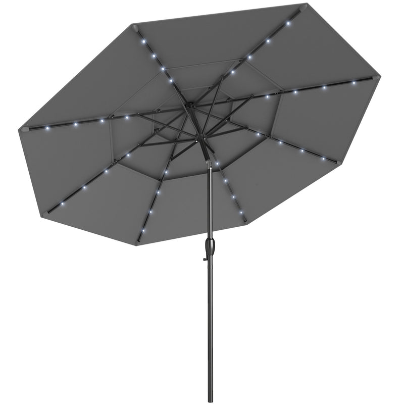 Costway - 10 Feet Solar Patio Umbrella with 32 LED Lights 3-Tier Vented Top-Gray
