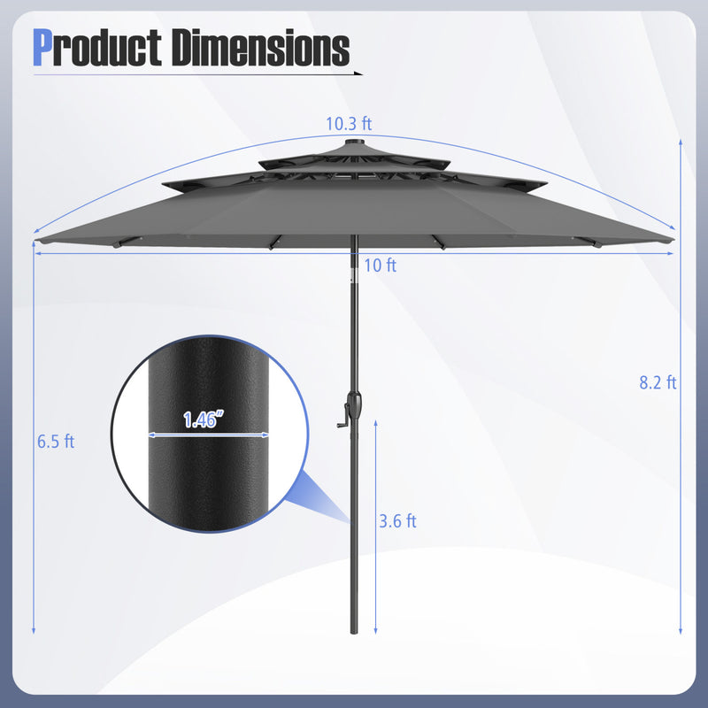 Costway - 10 Feet Solar Patio Umbrella with 32 LED Lights 3-Tier Vented Top-Gray