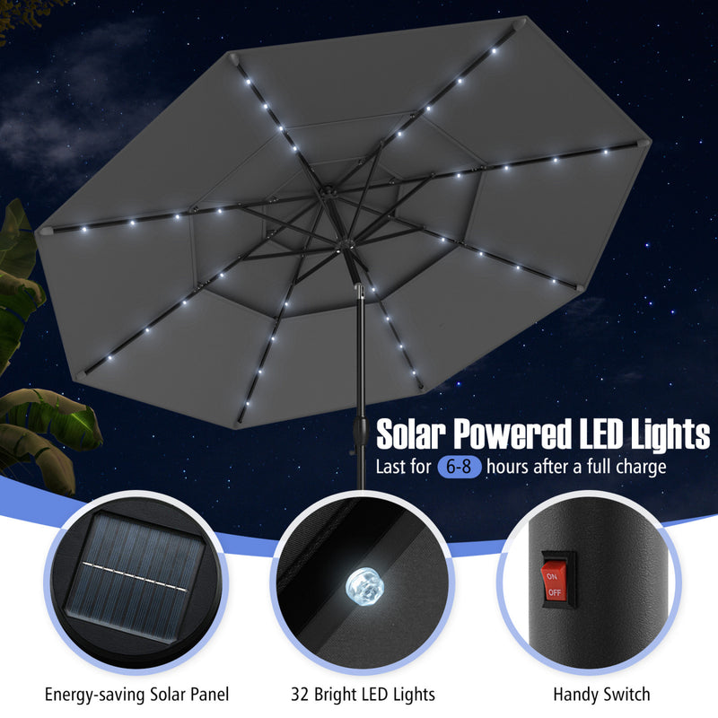 Costway - 10 Feet Solar Patio Umbrella with 32 LED Lights 3-Tier Vented Top-Gray