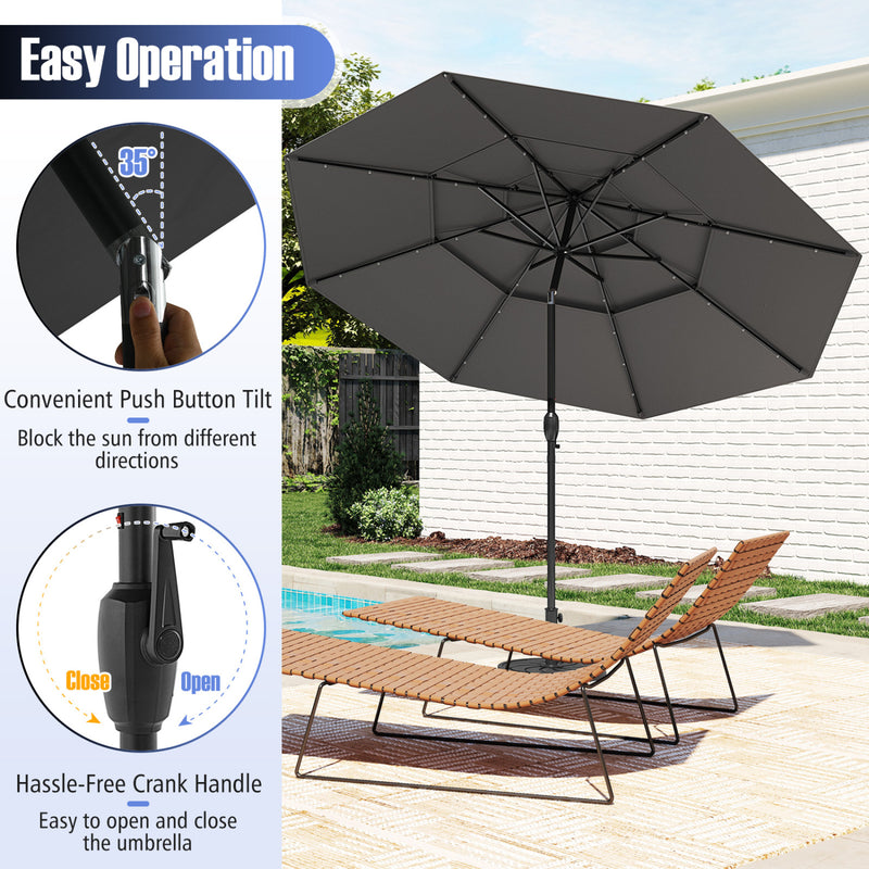Costway - 10 Feet Solar Patio Umbrella with 32 LED Lights 3-Tier Vented Top-Gray