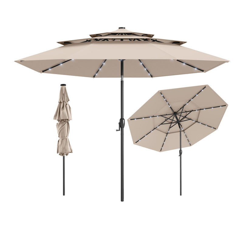 Costway - 10 Feet Solar Patio Umbrella with 32 LED Lights 3-Tier Vented Top-Beige