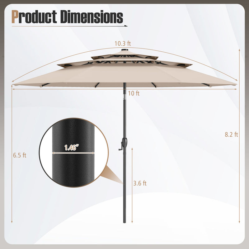 Costway - 10 Feet Solar Patio Umbrella with 32 LED Lights 3-Tier Vented Top-Beige