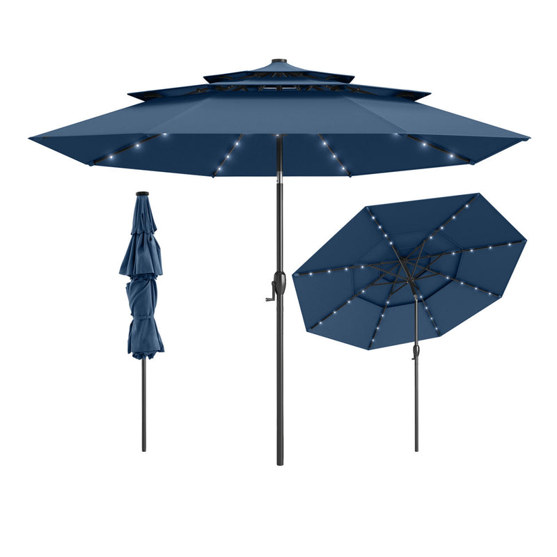 Costway - 10 Feet Solar Patio Umbrella with 32 LED Lights 3-Tier Vented Top-Navy