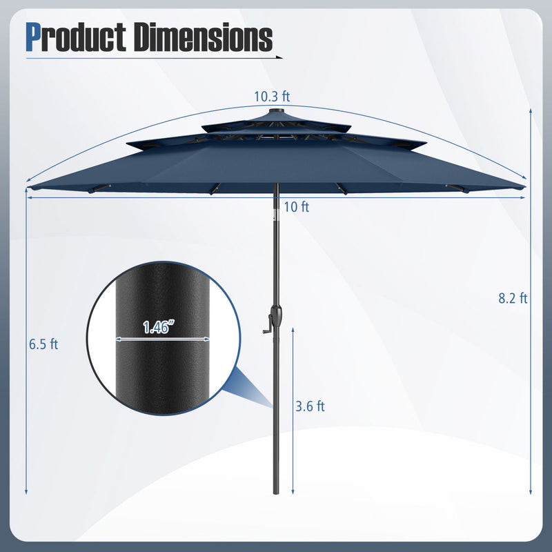 Costway - 10 Feet Solar Patio Umbrella with 32 LED Lights 3-Tier Vented Top-Navy