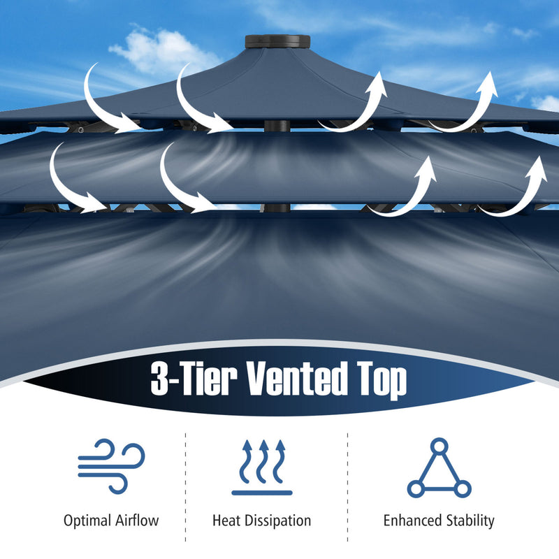 Costway - 10 Feet Solar Patio Umbrella with 32 LED Lights 3-Tier Vented Top-Navy