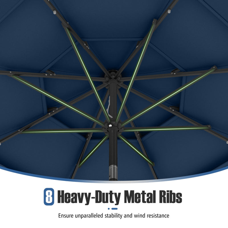 Costway - 10 Feet Solar Patio Umbrella with 32 LED Lights 3-Tier Vented Top-Navy