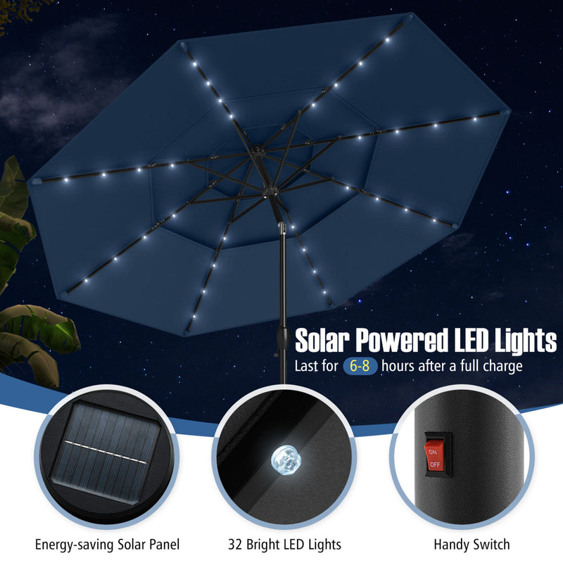 Costway - 10 Feet Solar Patio Umbrella with 32 LED Lights 3-Tier Vented Top-Navy