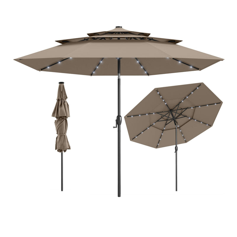 Costway - 10 Feet Solar Patio Umbrella with 32 LED Lights 3-Tier Vented Top-Taupe