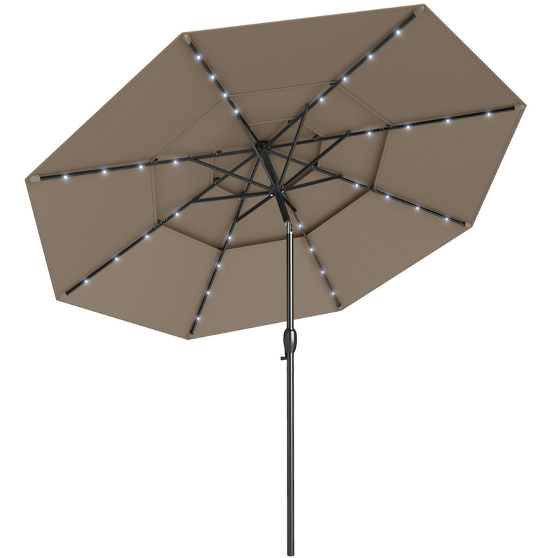 Costway - 10 Feet Solar Patio Umbrella with 32 LED Lights 3-Tier Vented Top-Taupe