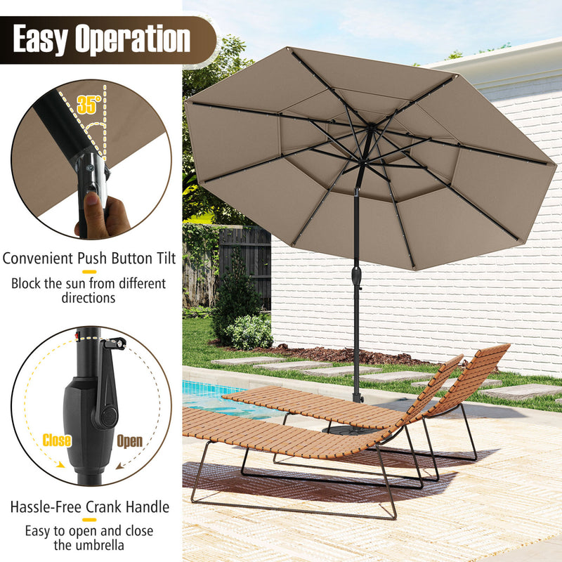 Costway - 10 Feet Solar Patio Umbrella with 32 LED Lights 3-Tier Vented Top-Taupe
