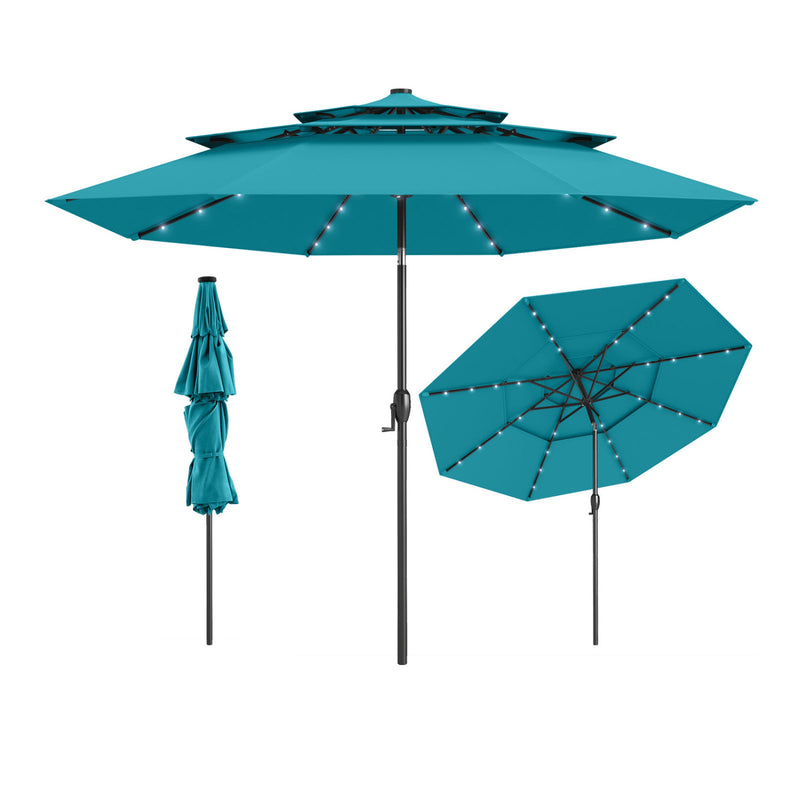 Costway - 10 Feet Solar Patio Umbrella with 32 LED Lights 3-Tier Vented Top-Turquoise