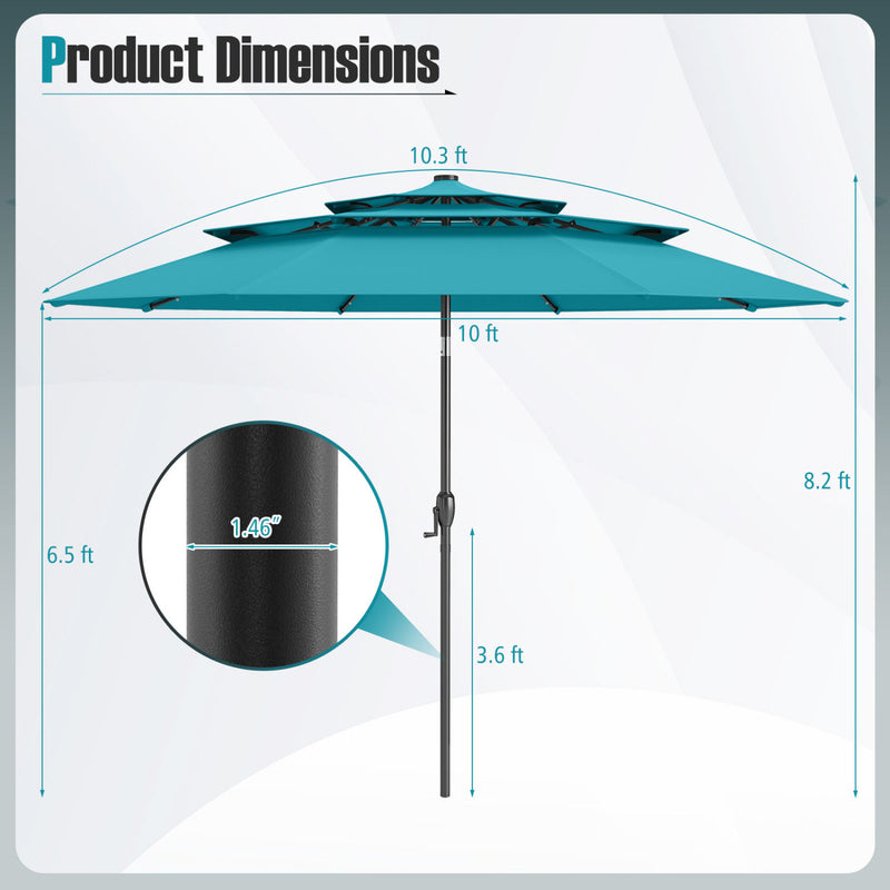Costway - 10 Feet Solar Patio Umbrella with 32 LED Lights 3-Tier Vented Top-Turquoise