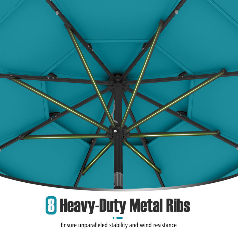 Costway - 10 Feet Solar Patio Umbrella with 32 LED Lights 3-Tier Vented Top-Turquoise