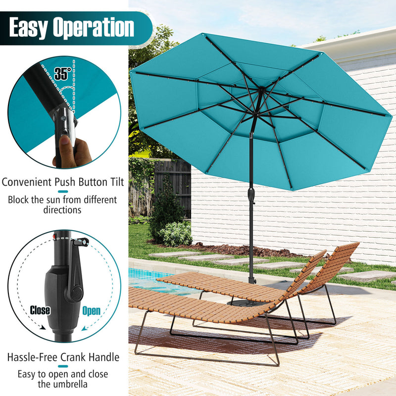 Costway - 10 Feet Solar Patio Umbrella with 32 LED Lights 3-Tier Vented Top-Turquoise