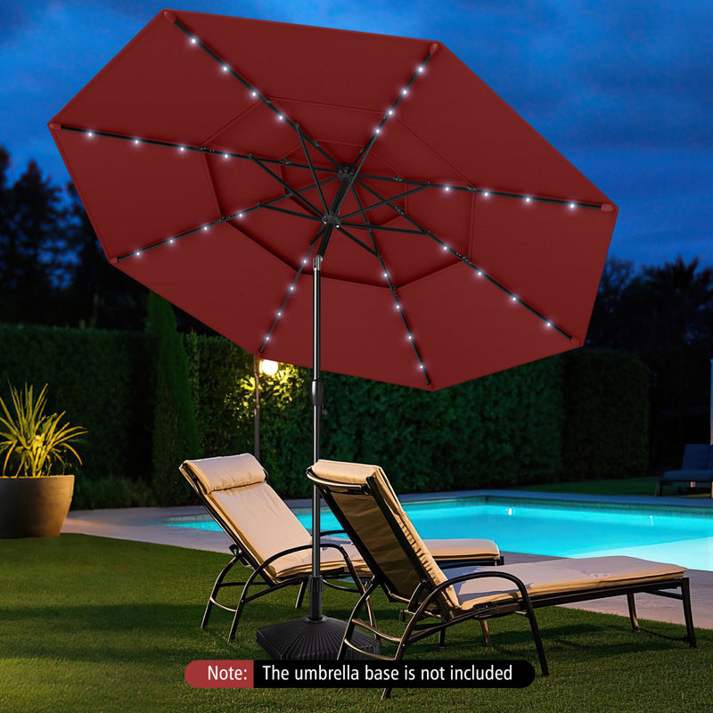 Costway - 10 Feet Solar Patio Umbrella with 32 LED Lights 3-Tier Vented Top-Wine