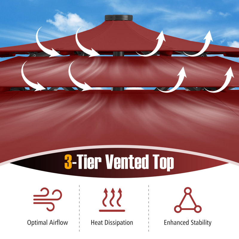 Costway - 10 Feet Solar Patio Umbrella with 32 LED Lights 3-Tier Vented Top-Wine