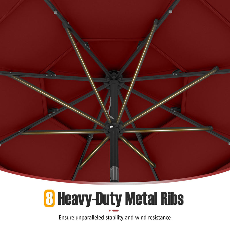 Costway - 10 Feet Solar Patio Umbrella with 32 LED Lights 3-Tier Vented Top-Wine