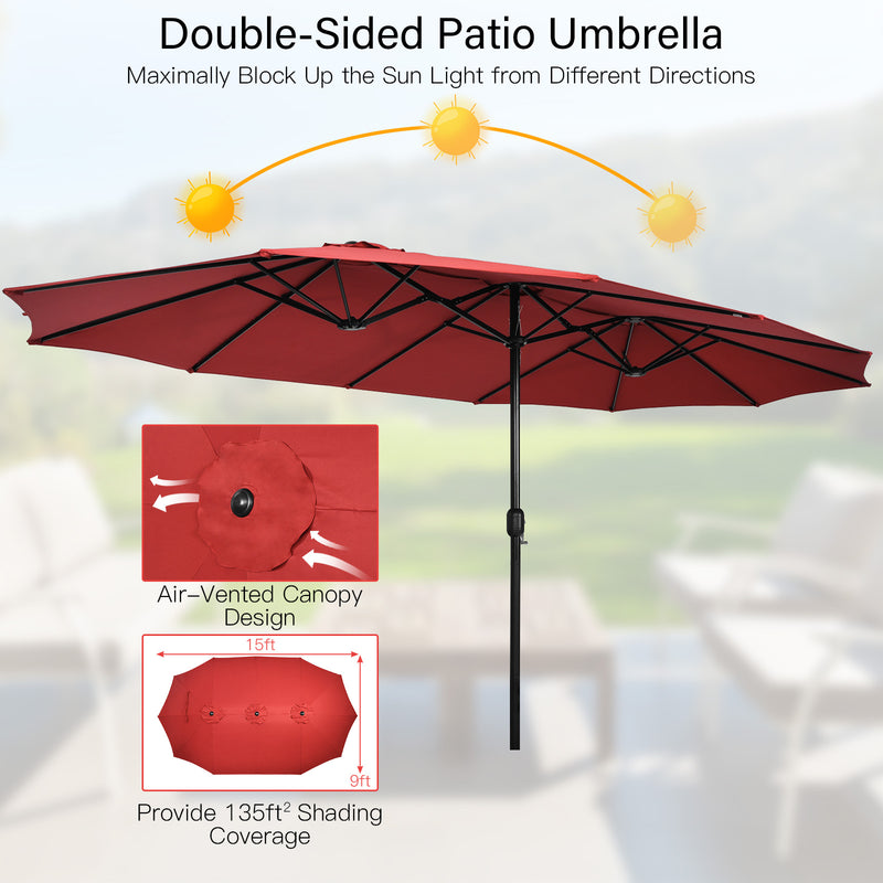 Costway - 10 Pieces Patio Wicker Dining Set with 15 Feet Double-Sided Patio Umbrella-Red