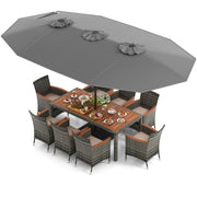 Costway - 10 Pieces Patio Wicker Dining Set with 15 Feet Double-Sided Patio Umbrella-Gray