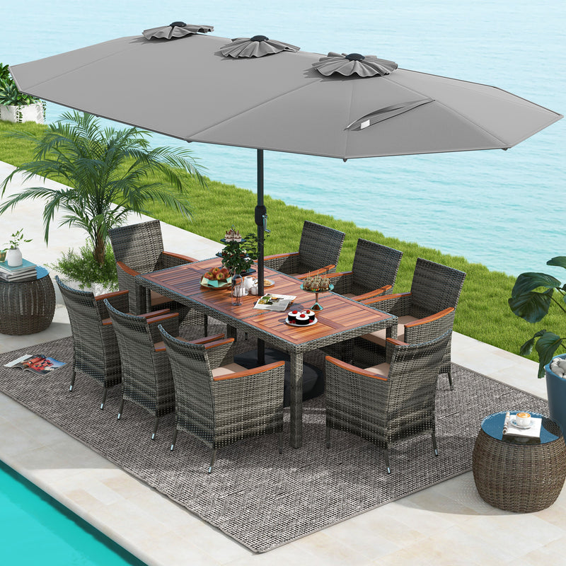 Costway - 10 Pieces Patio Wicker Dining Set with 15 Feet Double-Sided Patio Umbrella-Gray