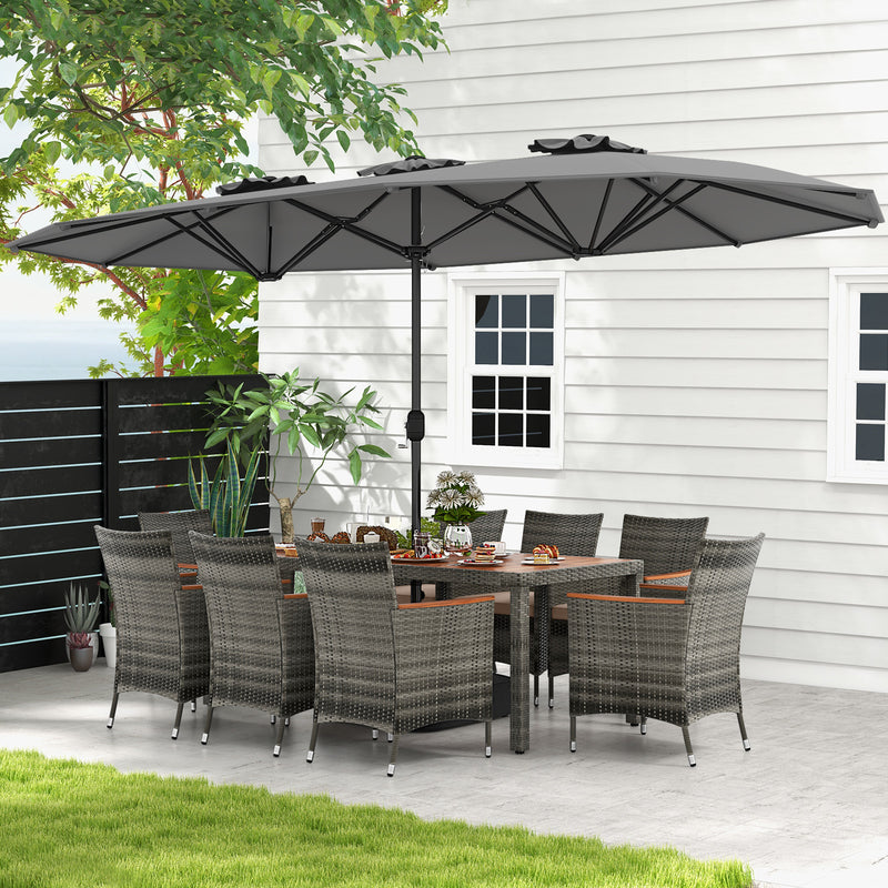 Costway - 10 Pieces Patio Wicker Dining Set with 15 Feet Double-Sided Patio Umbrella-Gray