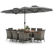 Costway - 10 Pieces Patio Wicker Dining Set with 15 Feet Double-Sided Patio Umbrella-Gray