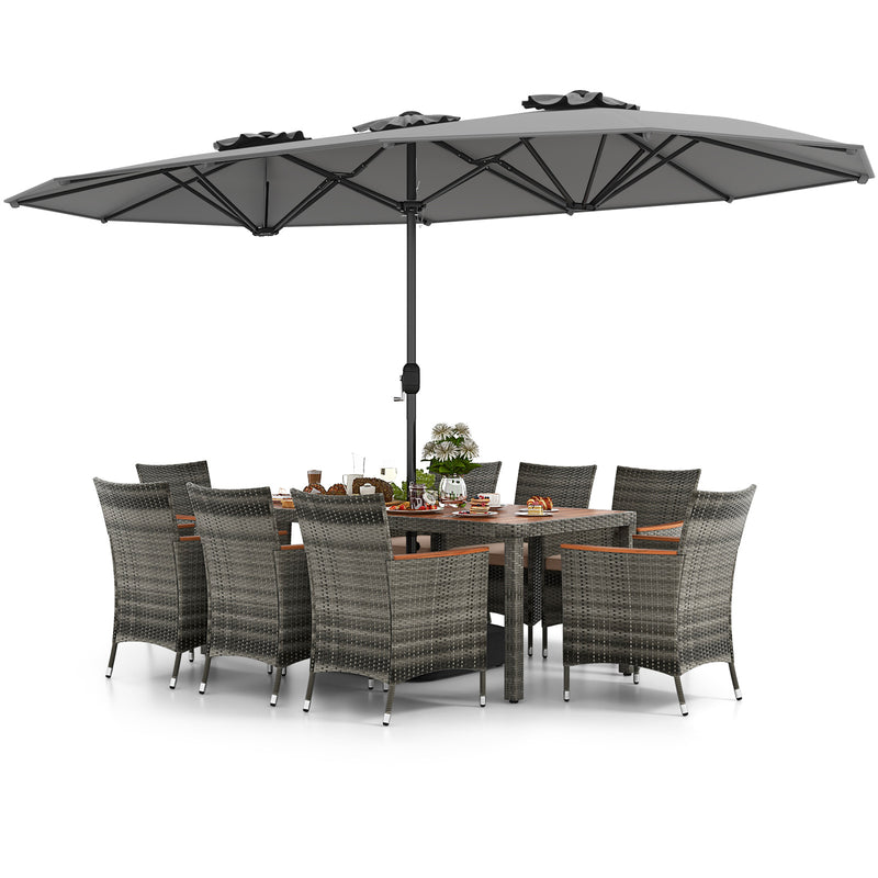 Costway - 10 Pieces Patio Wicker Dining Set with 15 Feet Double-Sided Patio Umbrella-Gray