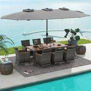 Costway - 10 Pieces Patio Wicker Dining Set with 15 Feet Double-Sided Patio Umbrella-Gray