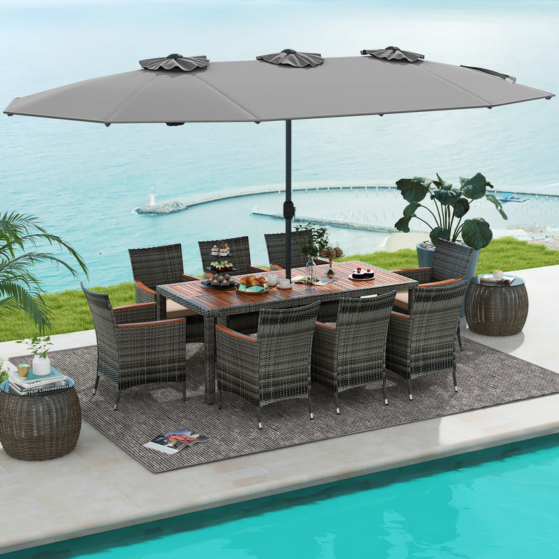 Costway - 10 Pieces Patio Wicker Dining Set with 15 Feet Double-Sided Patio Umbrella-Gray