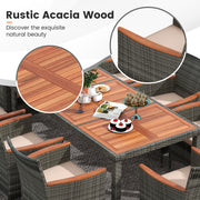 Costway - 10 Pieces Patio Wicker Dining Set with 15 Feet Double-Sided Patio Umbrella-Gray