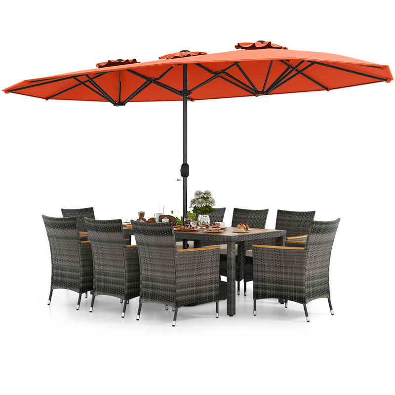 Costway - 10 Pieces Patio Wicker Dining Set with 15 Feet Double-Sided Patio Umbrella-Orange